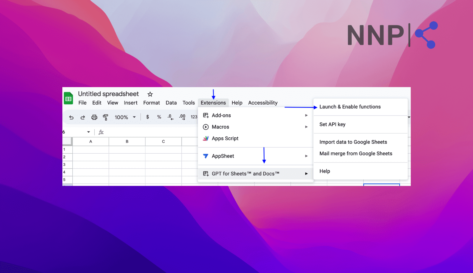 Click on Extensions to launch GPT for Sheets and Docs