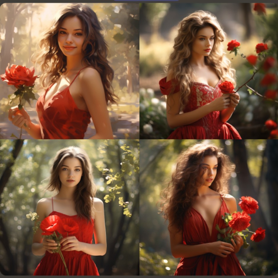 Ai generated girl in a red dress holding a flower 