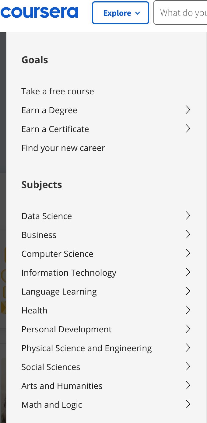 Coursera Explore options