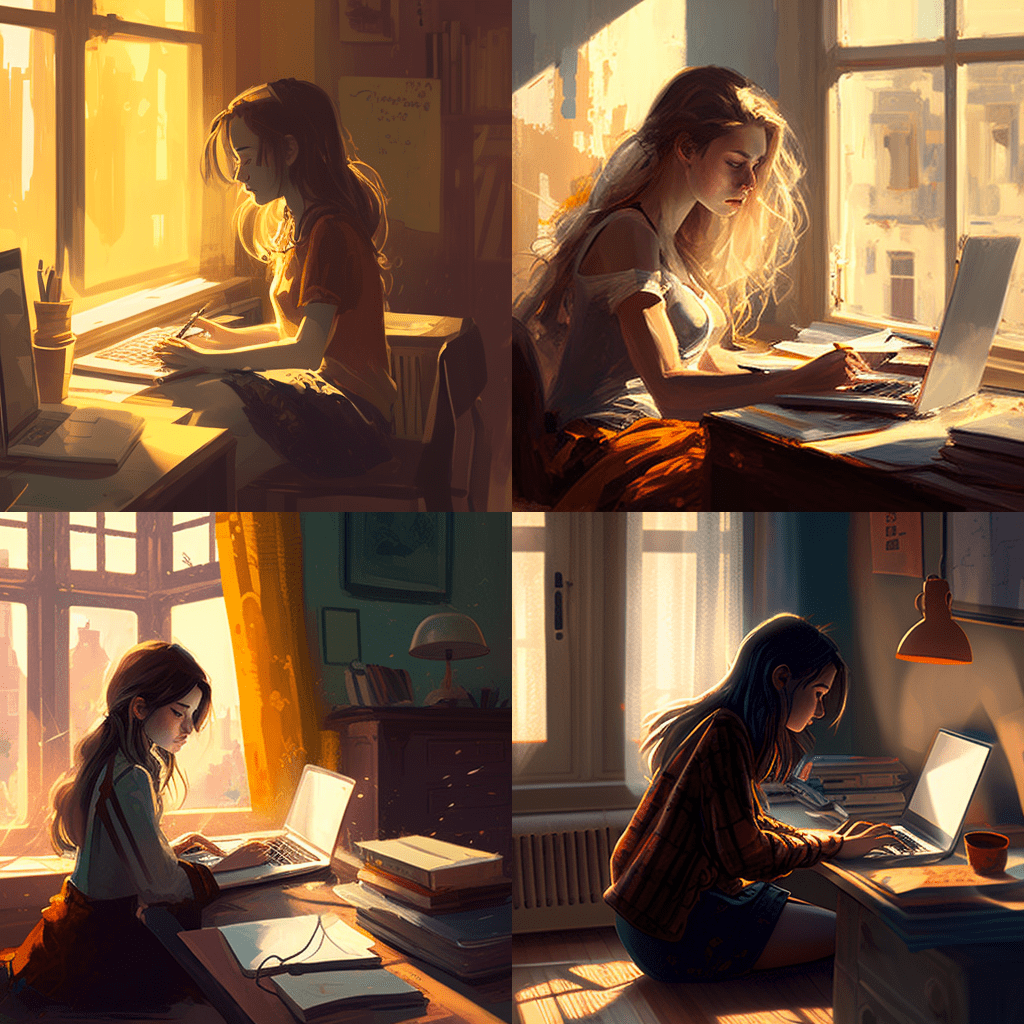 Midjourneu prompt: A girl sitting in a sunlit room, typing on a laptop.