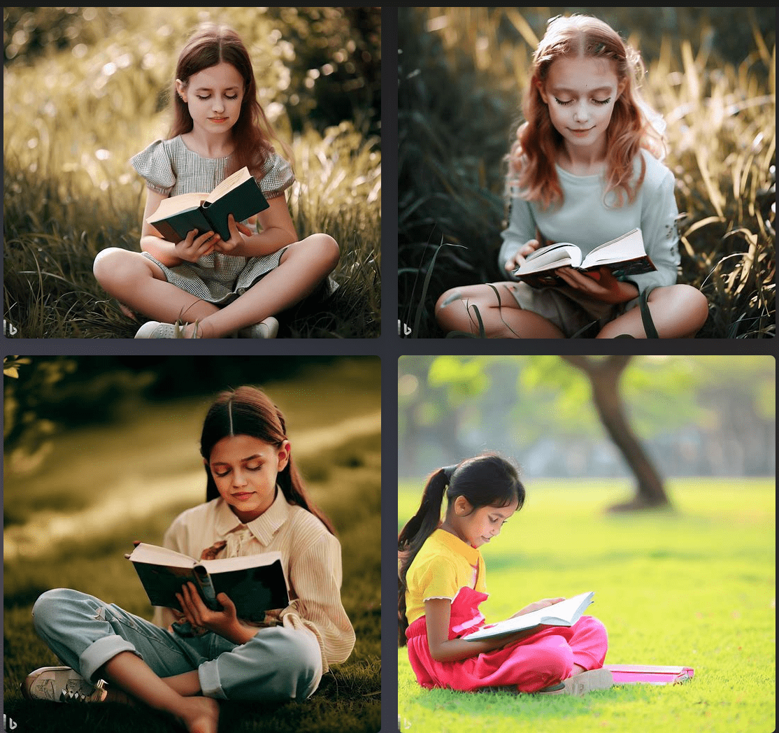 “A girl sitting in the grass reading a book.”